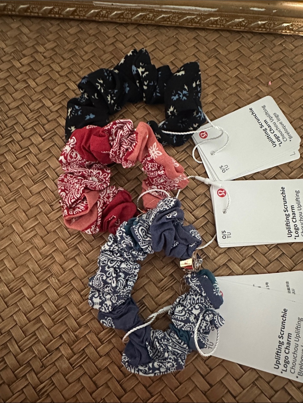 lululemon athletica Bandana Print Scrunchie Set in navy, Red, Pink & Blue